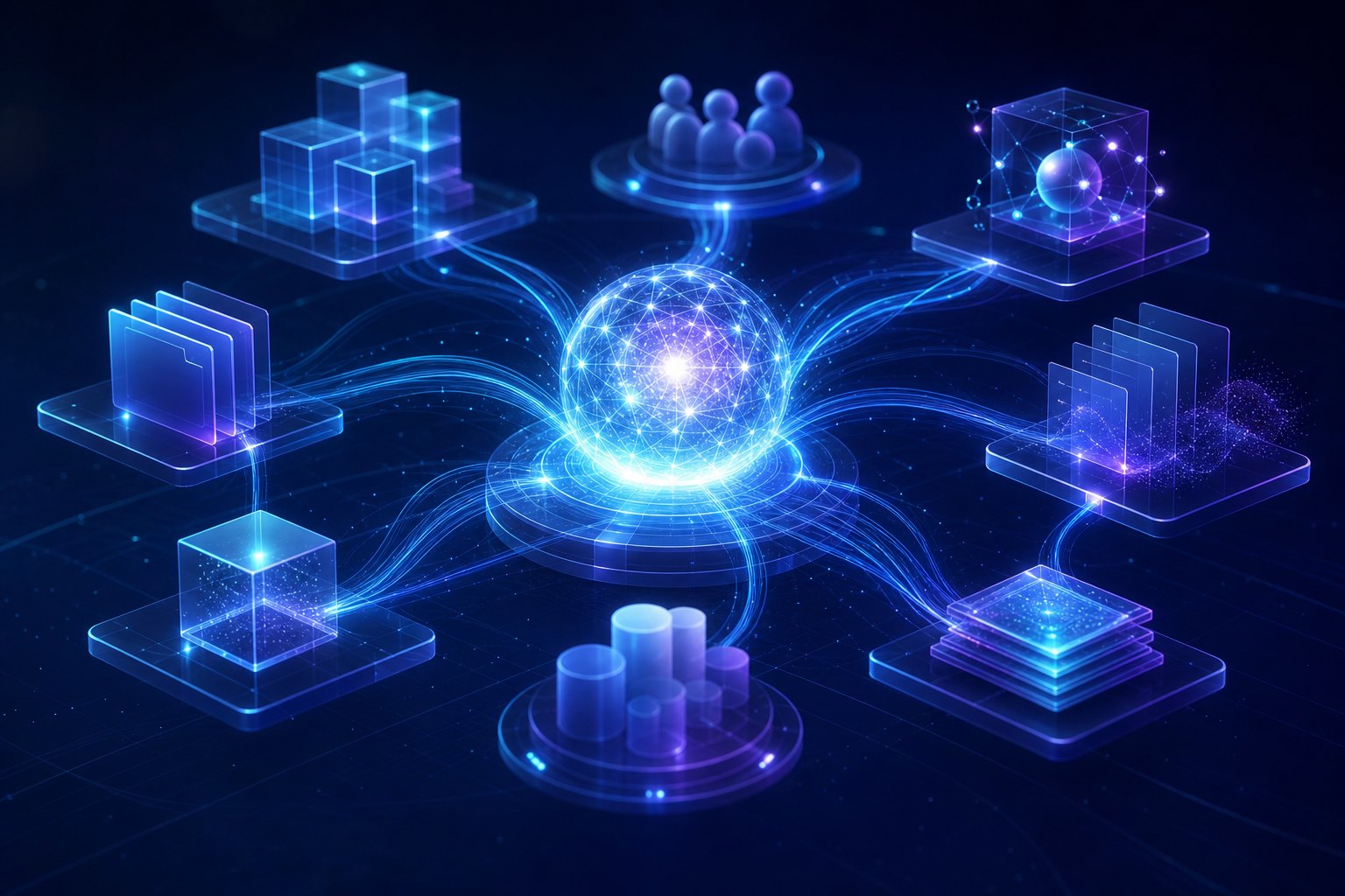 Agente AI centrale che coordina una rete virtuale di processi e strumenti aziendali interconnessi.
