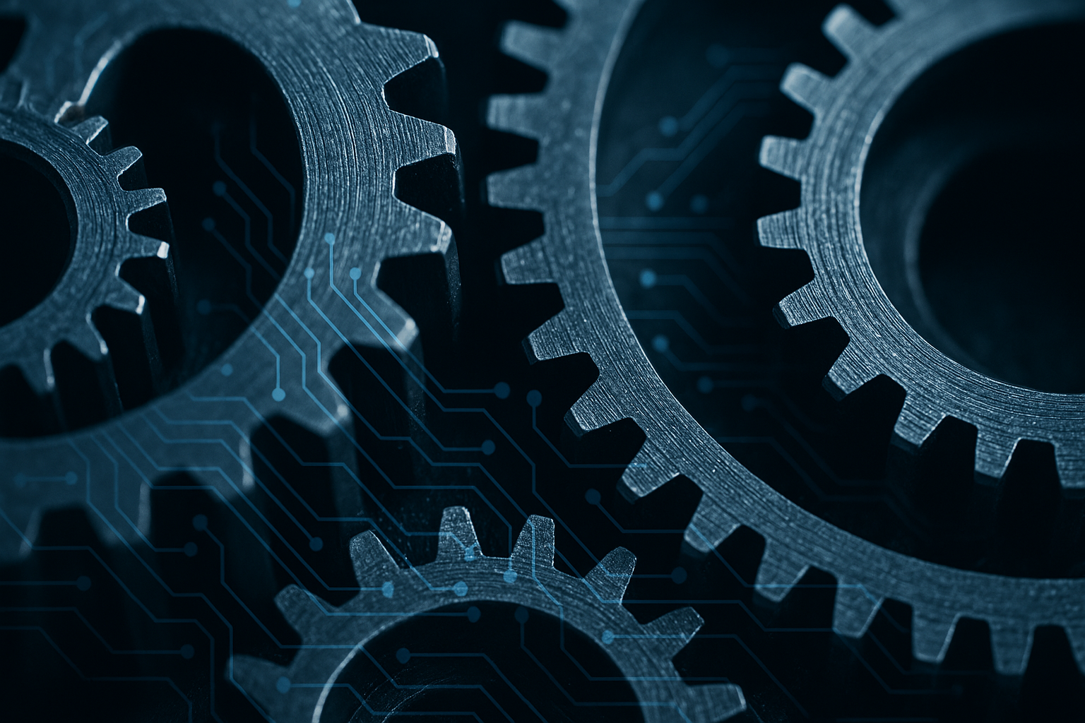 Ingranaggi industriali in macro con overlay digitale, simbolo dell’impatto dell’AI su lavoro e marketing B2B