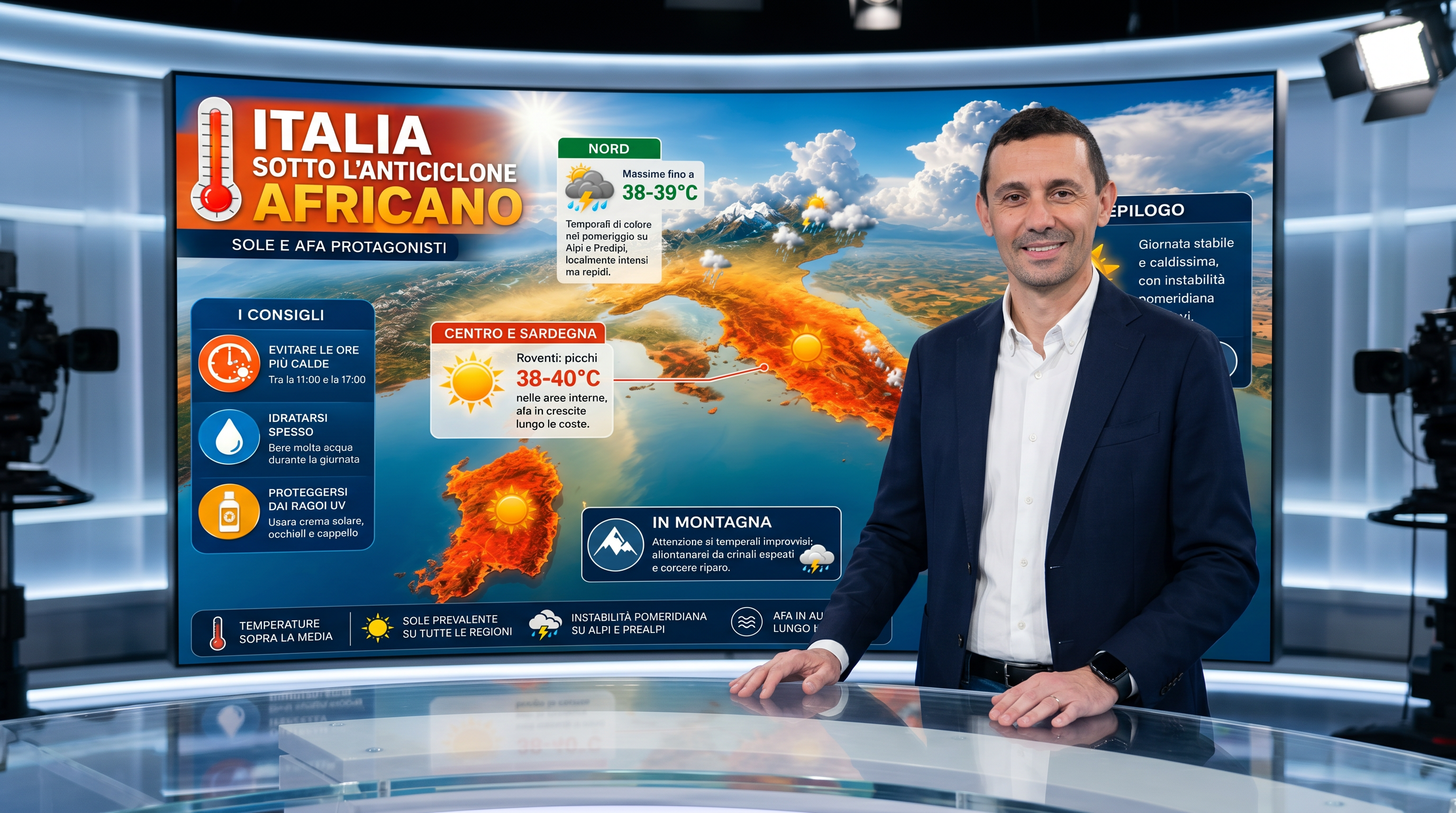 Fabrizio in uno studio TV moderno presenta l’app editoriale AI con una schermata meteo sul display