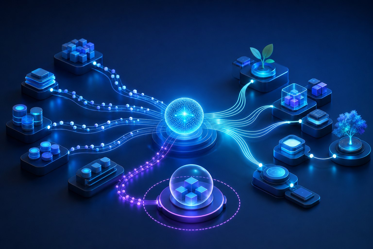 Ecosistema virtuale di processi aziendali connessi a un nucleo di intelligenza artificiale per un'automazione graduale nelle PMI.