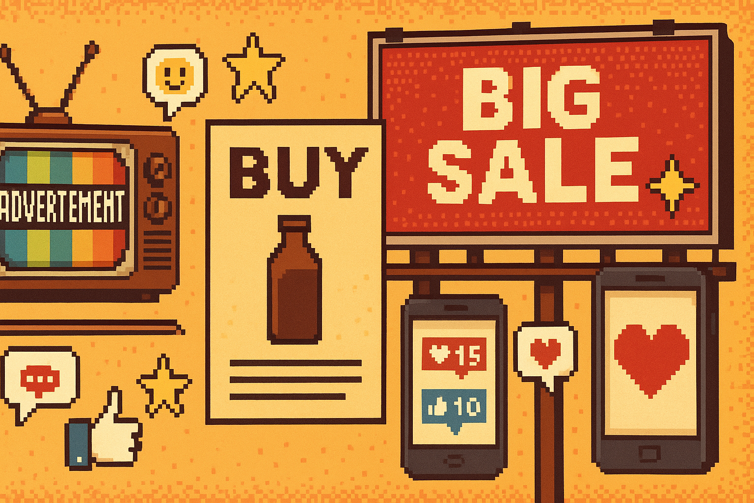 Collage pixel art di spot pubblicitari storici e social media che rappresentano la comunicazione moderna