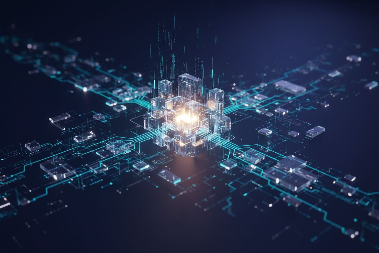 Struttura virtuale di moduli traslucidi connessi a una rete di nodi, simbolo di prove B2B verificabili per SEO e AI.