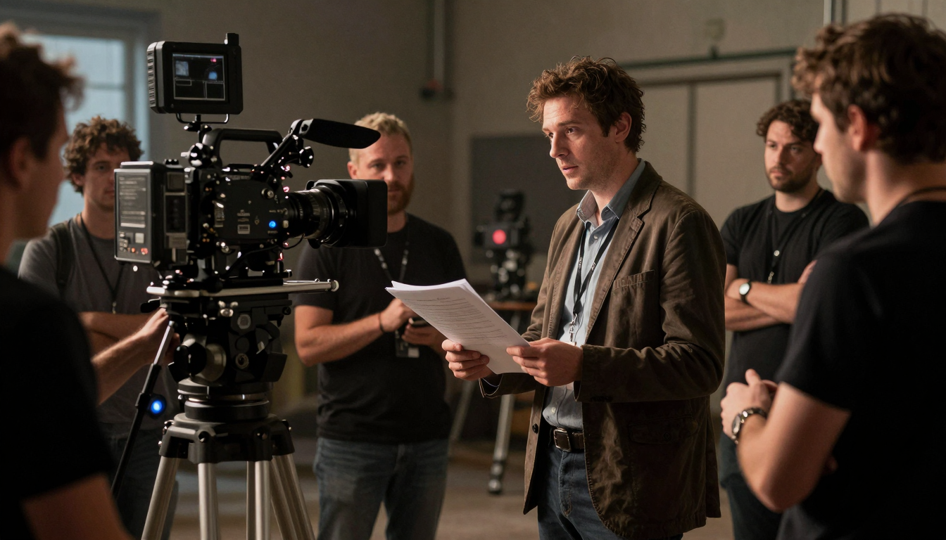 Regista al lavoro su un set cinematografico con attrezzatura tecnica e luci da ripresa