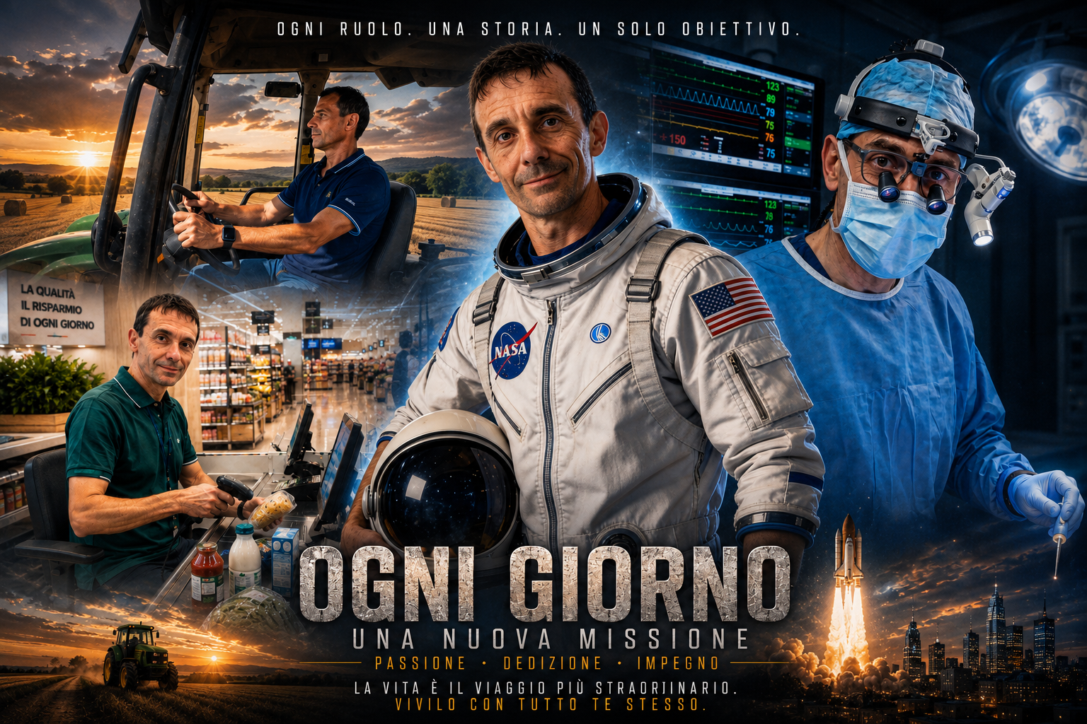 Postazione futuristica con monitor che mostrano flussi AI, un trattore sullo schermo, una tuta da astronauta appesa e strumenti da chirurgo sul tavolo, luce cinematografica 16:9