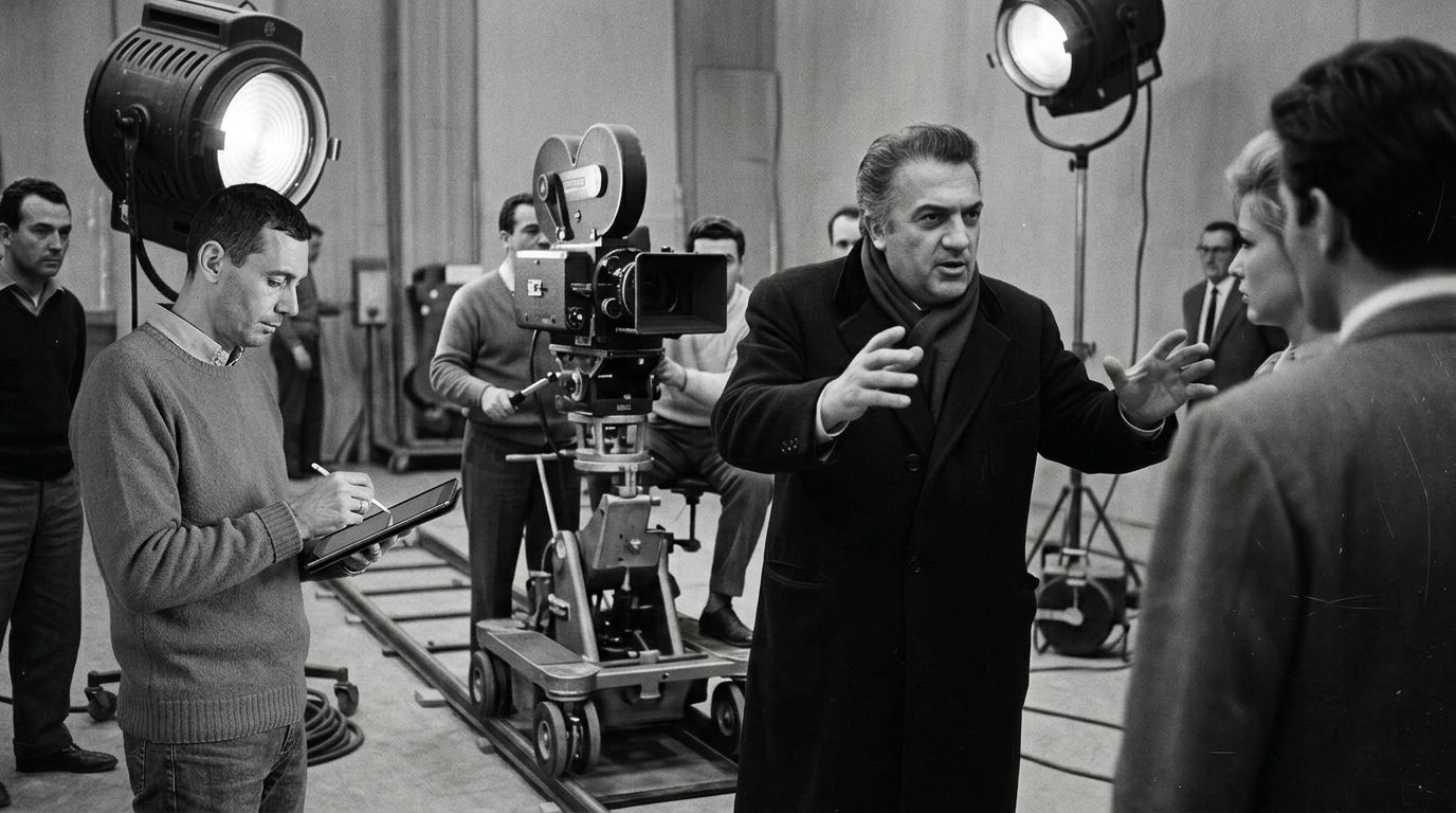 Federico Fellini dirige una scena su un set anni ’60 con cinepresa e luci d’epoca in bianco e nero. Foto: Fabrizio