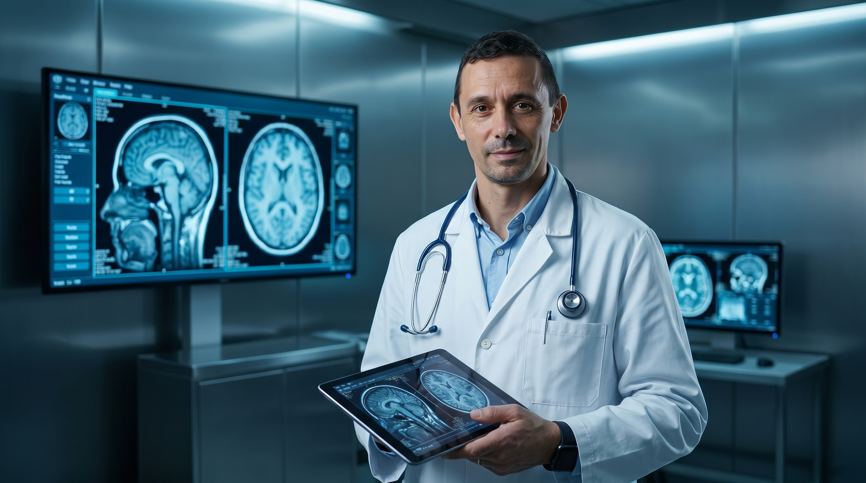 Fabrizio in camice da medico con stetoscopio e tablet in una sala di risonanza magnetica, schermi blu con immagini RMN, atmosfera professionale e soffusa.