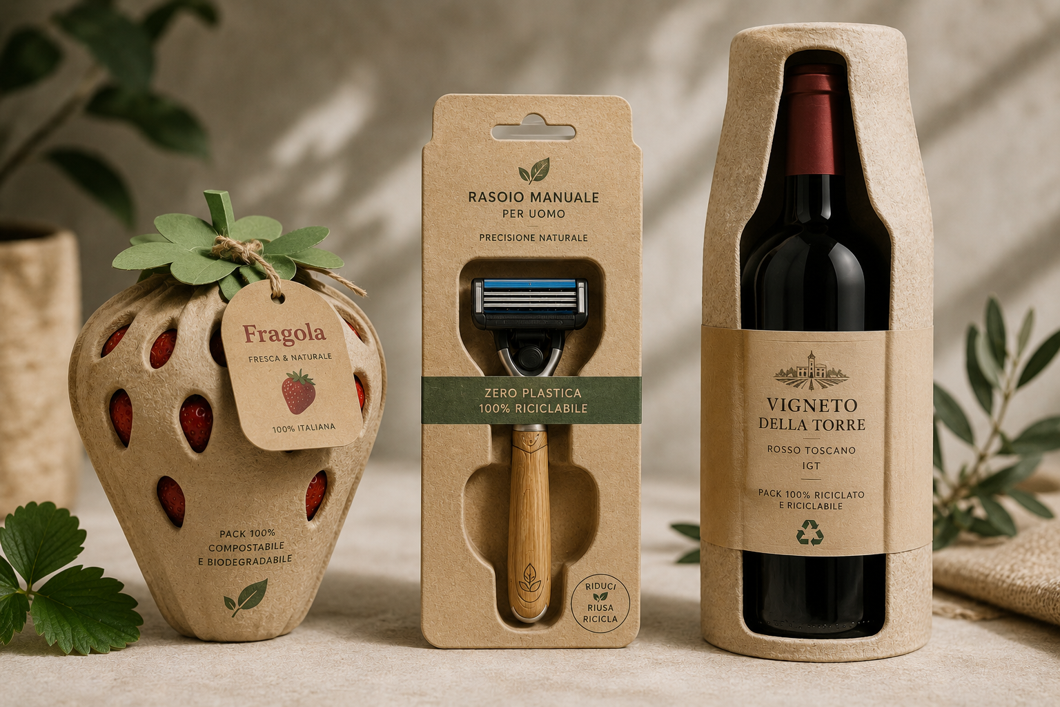 Packaging alimentare innovativo con materiali sostenibili e design pulito su sfondo neutro