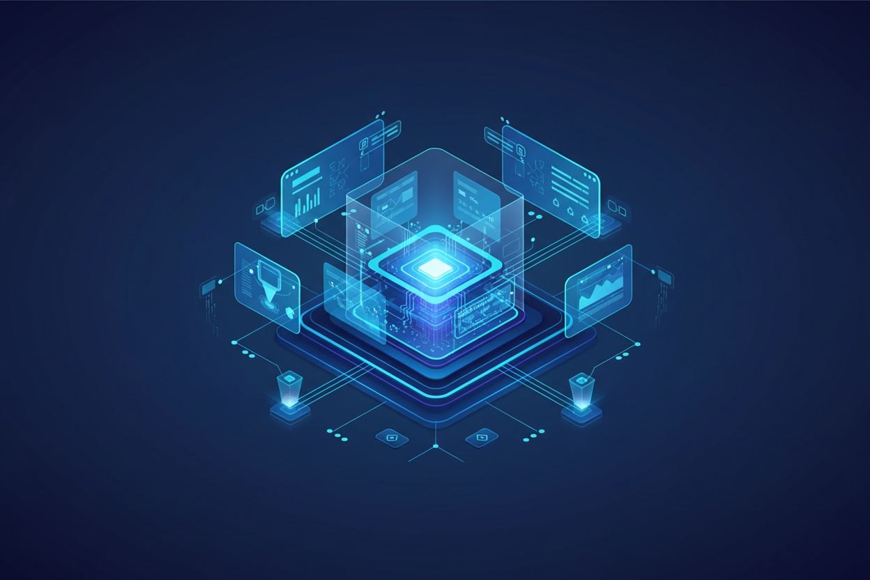 Rappresentazione virtuale della governance aziendale dell’intelligenza artificiale, con flussi di dati protetti da livelli di controllo e verifica.