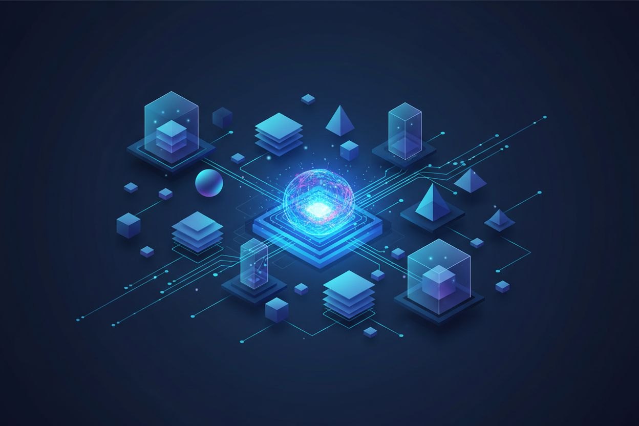 Rete virtuale che collega un nucleo di intelligenza artificiale a documenti e conoscenza aziendale protetta.