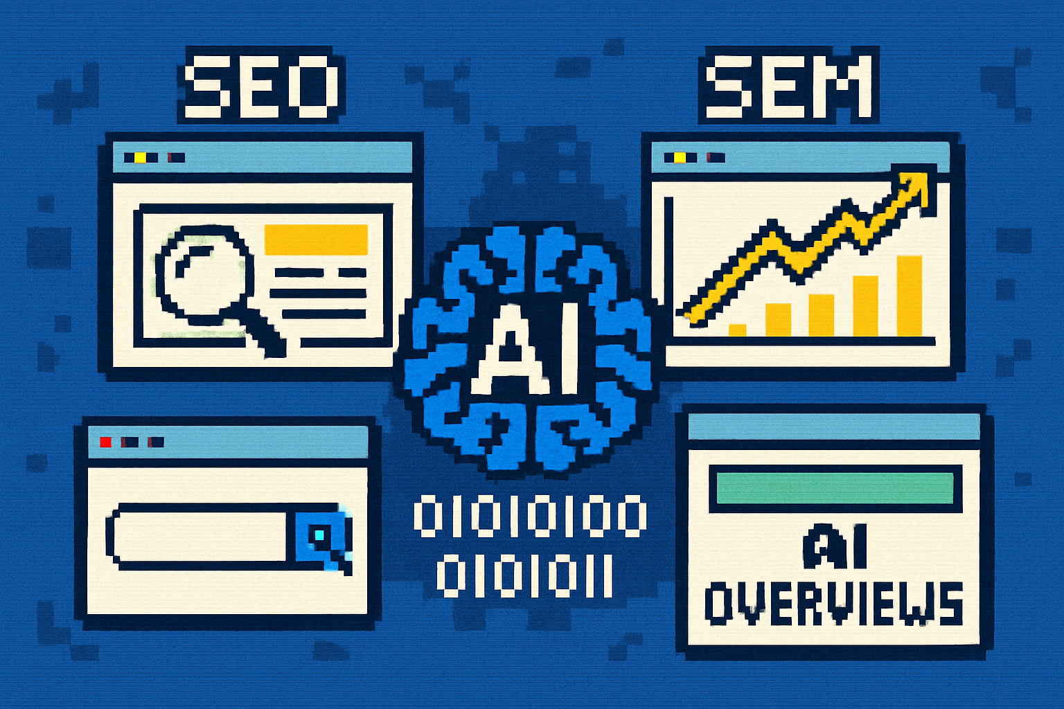 Grafico digitale che illustra l'interazione tra SEO AI, motori di ricerca e AI Overviews