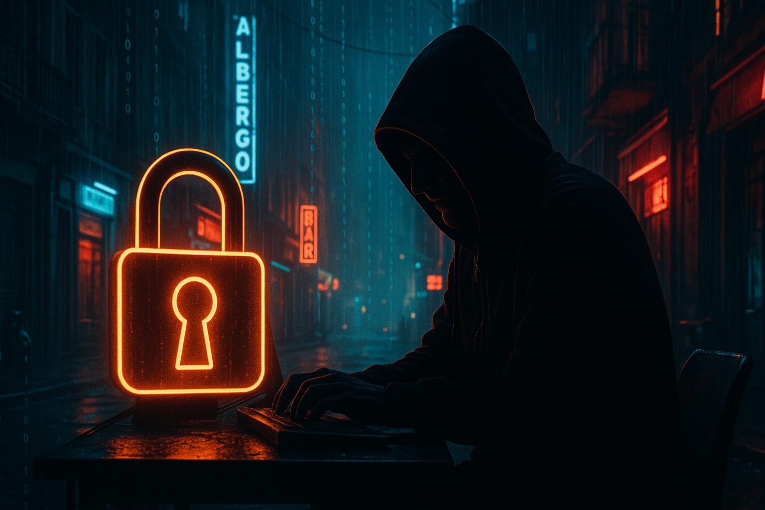 Illustrazione cyberpunk 16:9 con lucchetto e hacker, tema sicurezza in internet per ragazzi